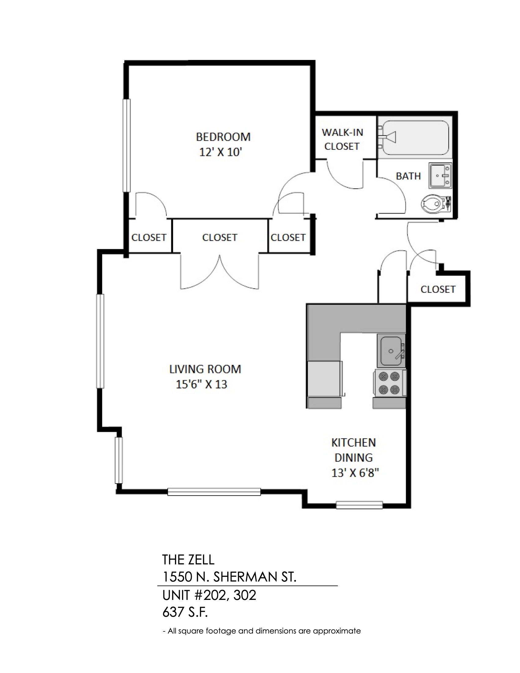 Floor plan for 1 bed, 1 bath, 574 sqft